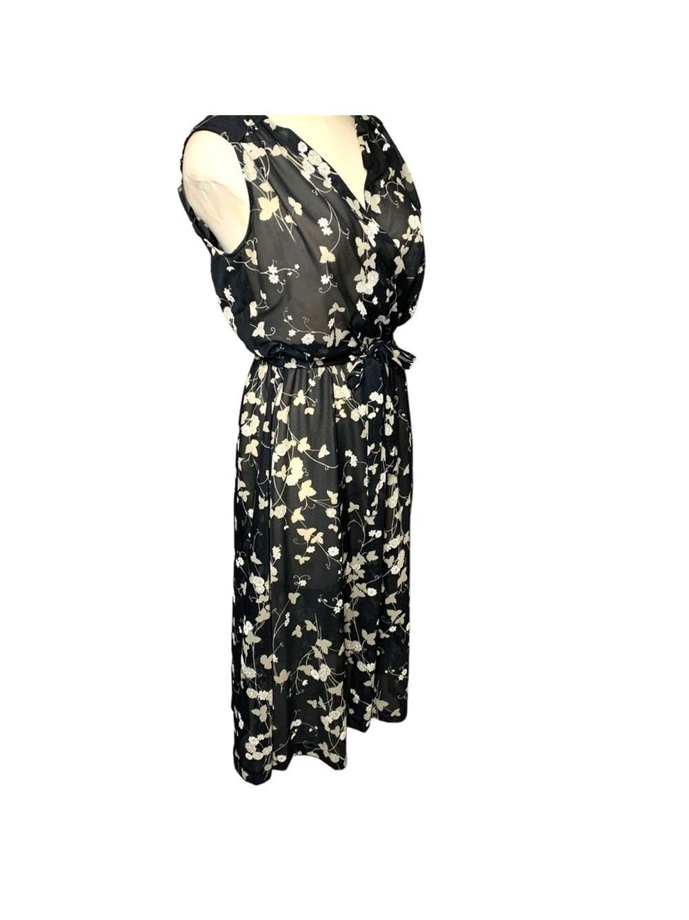 Vintage 70s Black Floral Sheer Midi Dress Sz10 (S-M) Belted Sleeveless Retro - Picture 2 of 11